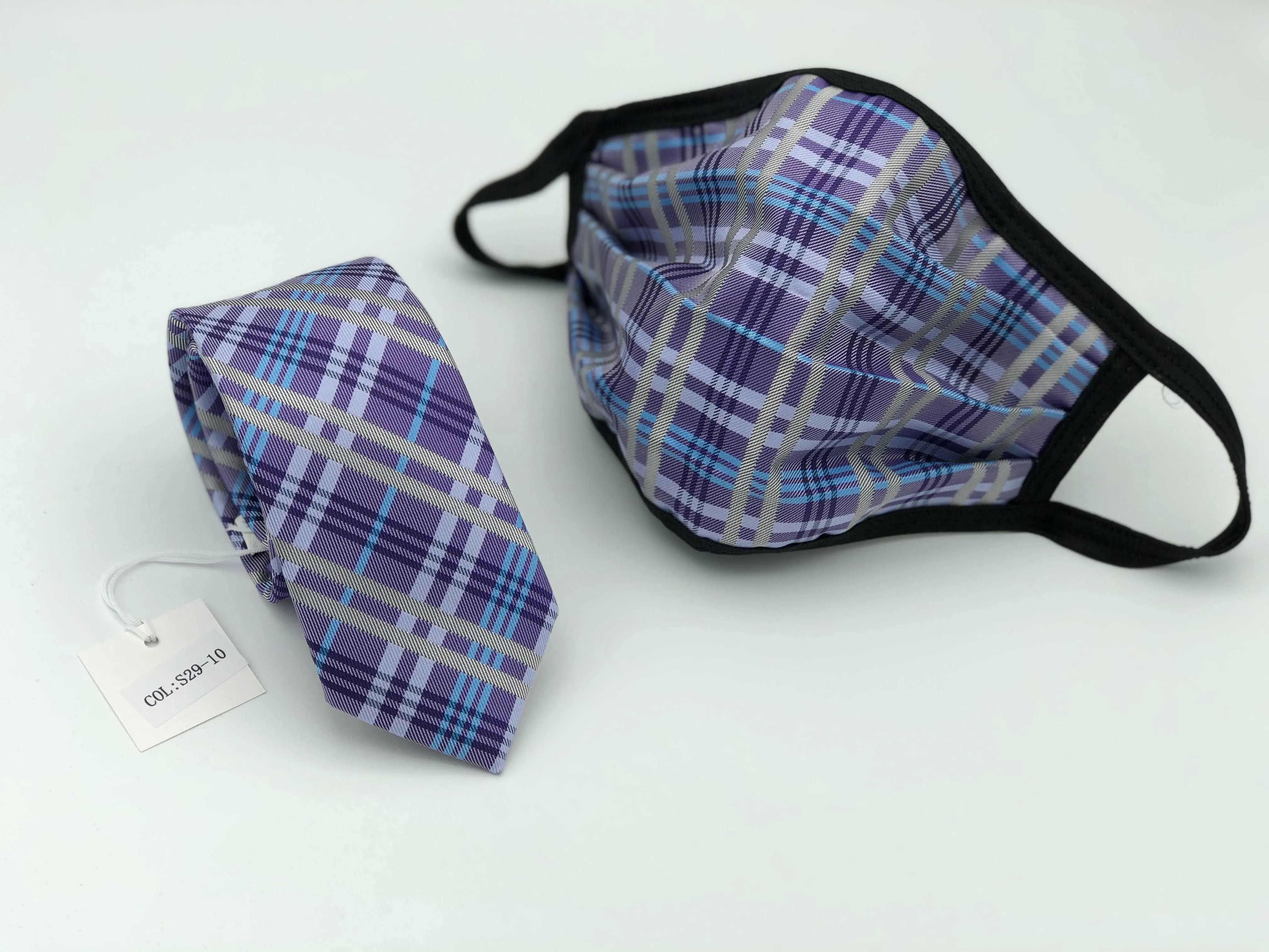 Face Mask & Tie Set S29-10, Purple Plaid