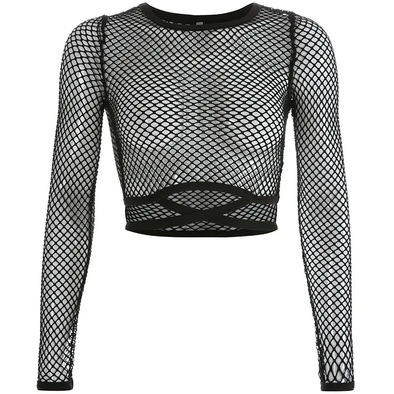 Fashion black long sleeve t shirt women mesh top crop tee see-through sexy lace up casual summer t-shirts tshirt