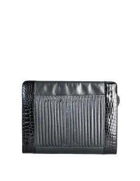 Fendi Vintage Blue and Black Leather Croc Embossed Portfolio Clutch Bag