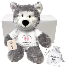 First Communion Husky Dog or Wolf Gift Set - Personalized 12" Plush