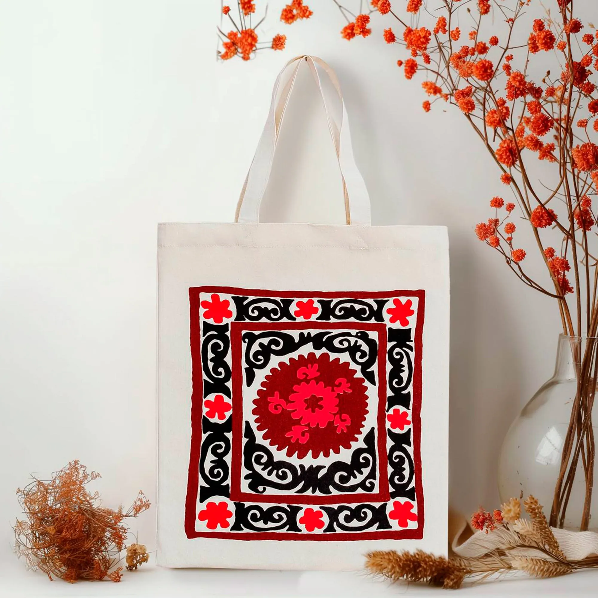 Floral Red and Black Cotton Tote Bag Handmade in Uzbekistan - Tashkent's Crimson Garden | NOVICA