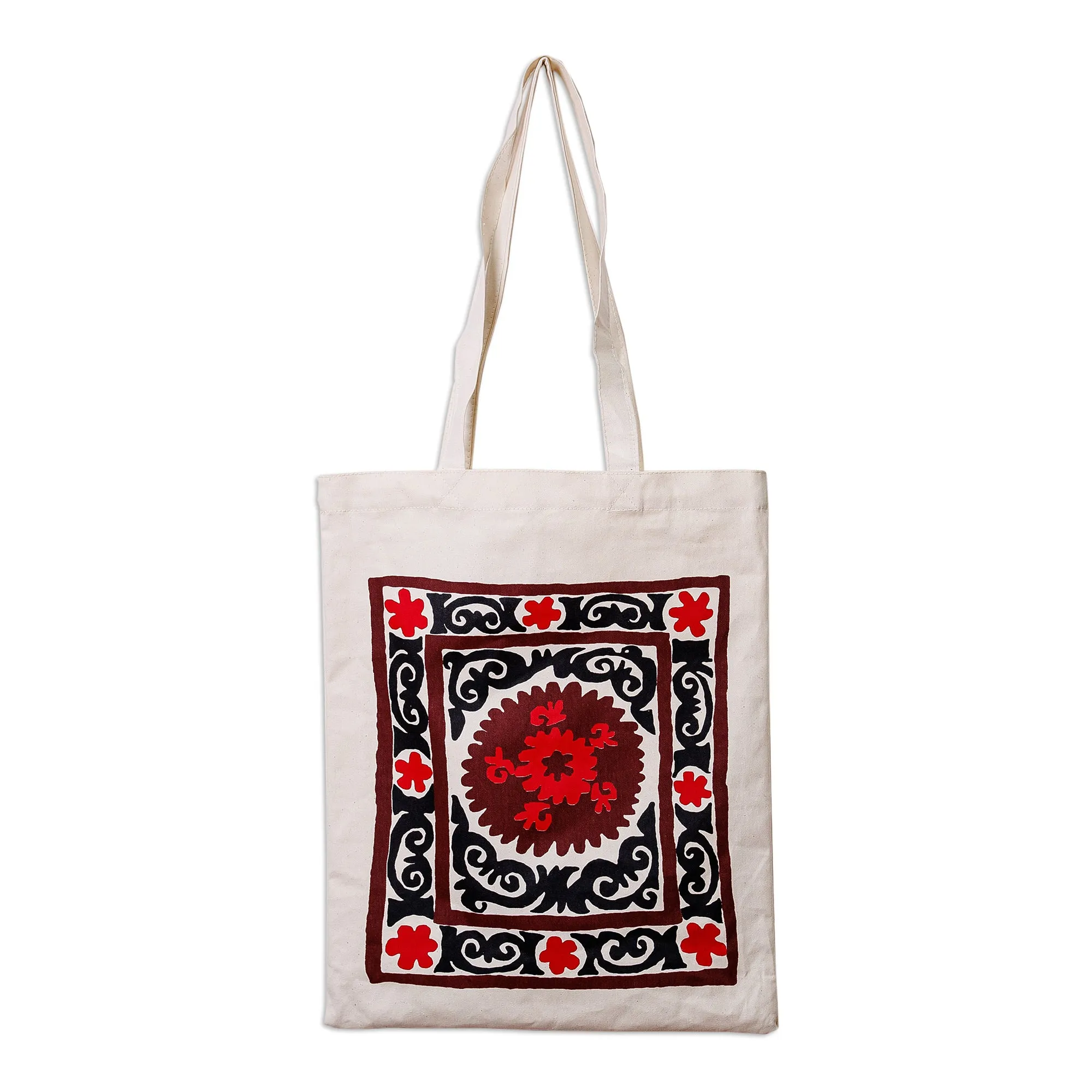 Floral Red and Black Cotton Tote Bag Handmade in Uzbekistan - Tashkent's Crimson Garden | NOVICA