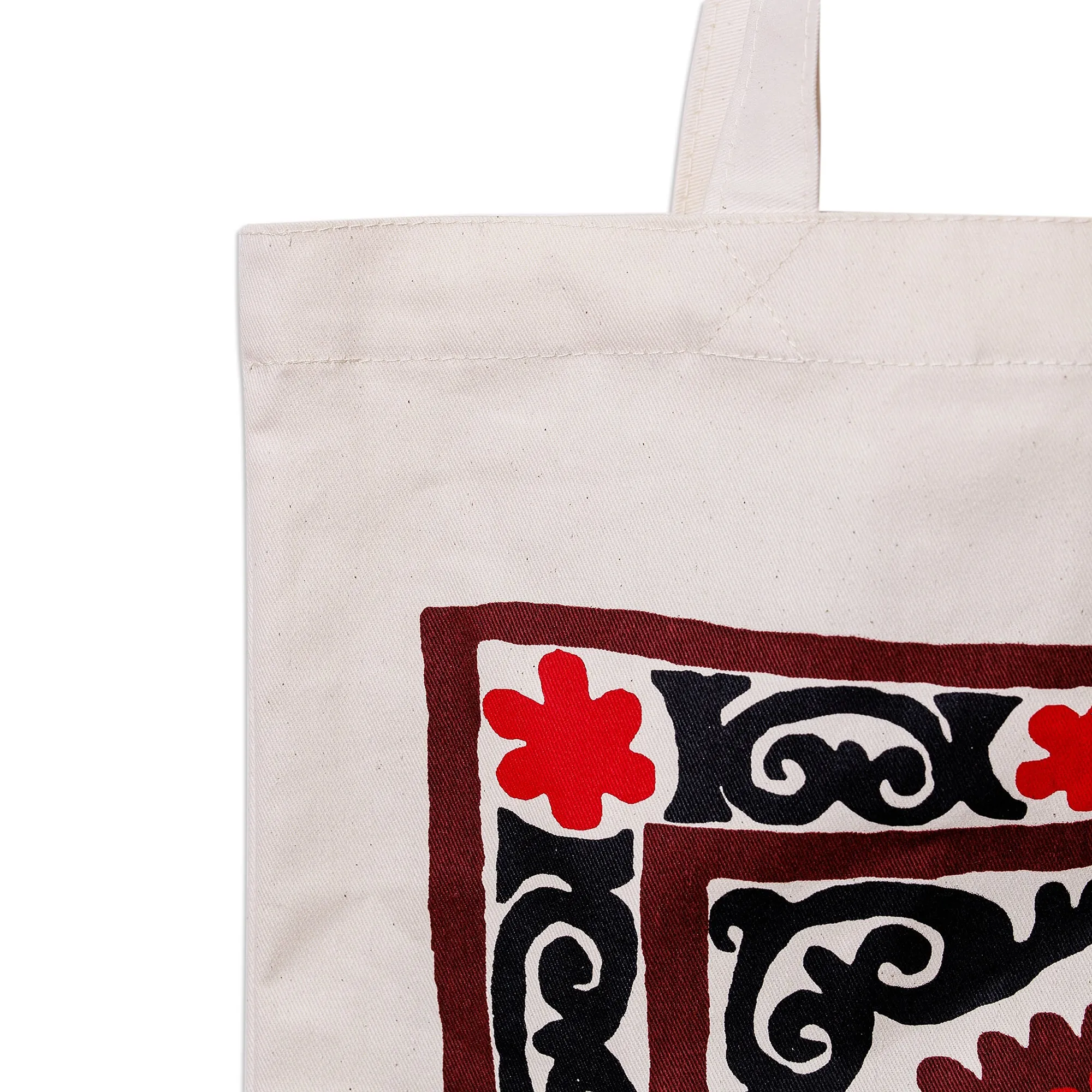 Floral Red and Black Cotton Tote Bag Handmade in Uzbekistan - Tashkent's Crimson Garden | NOVICA