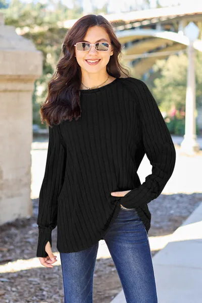 Full Size Ribbed Round Neck Long Sleeve Knit Top