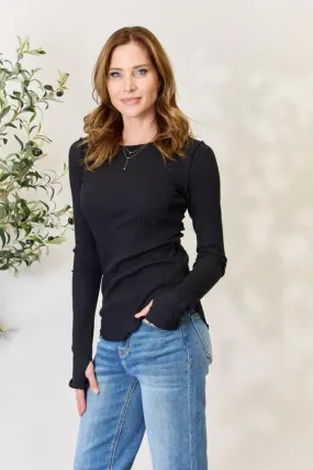 Full Size Ribbed Round Neck Long Sleeve Top