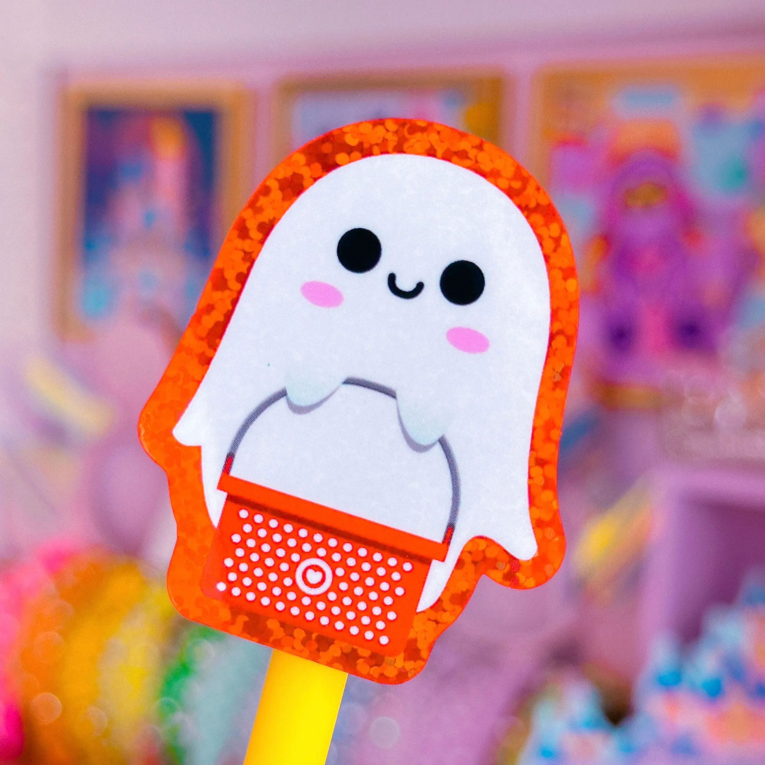 Glitter Waterproof Sticker - Shopping Basket Ghostie (Red)