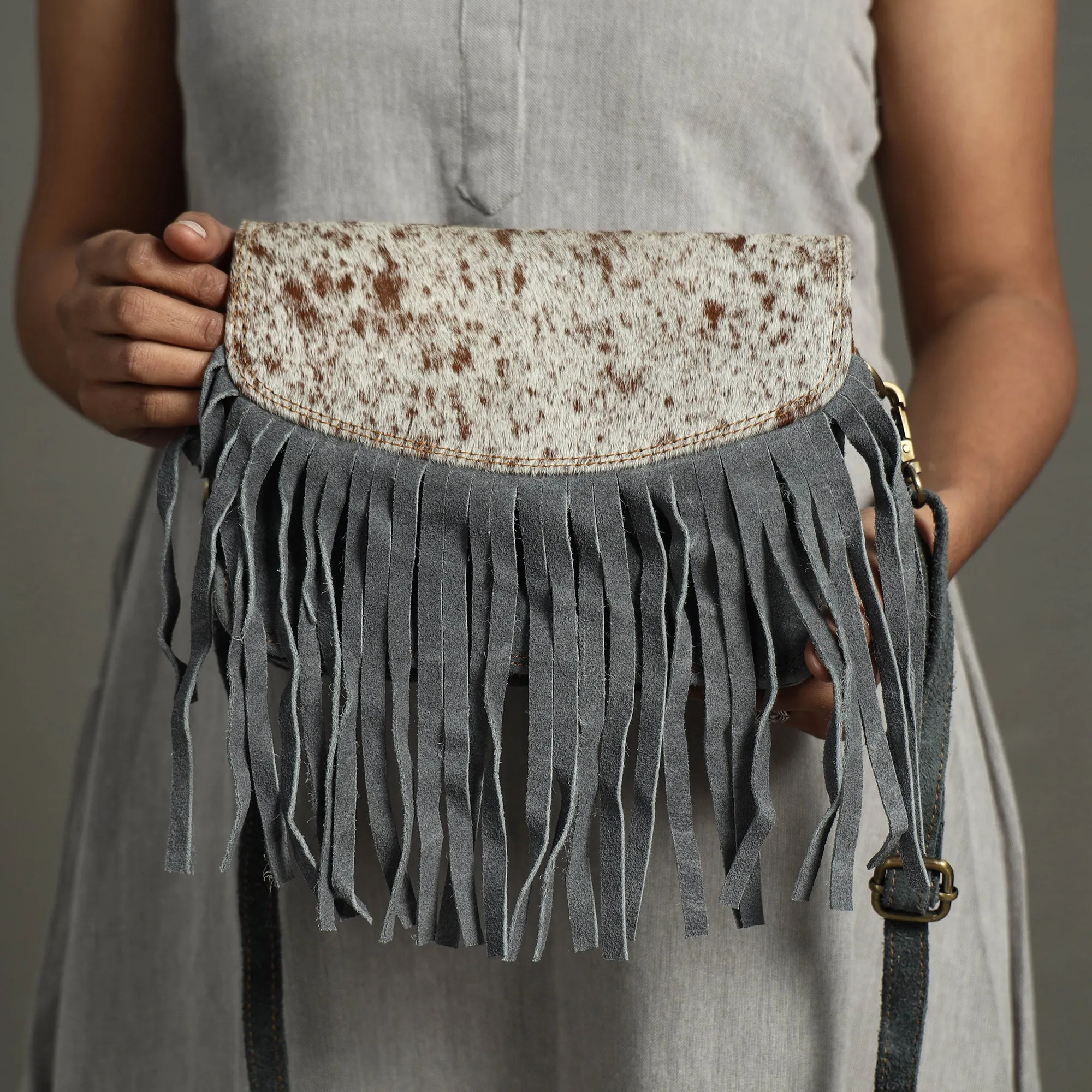 Grey - Handcrafted Suede Leather Fringe Sling Bag