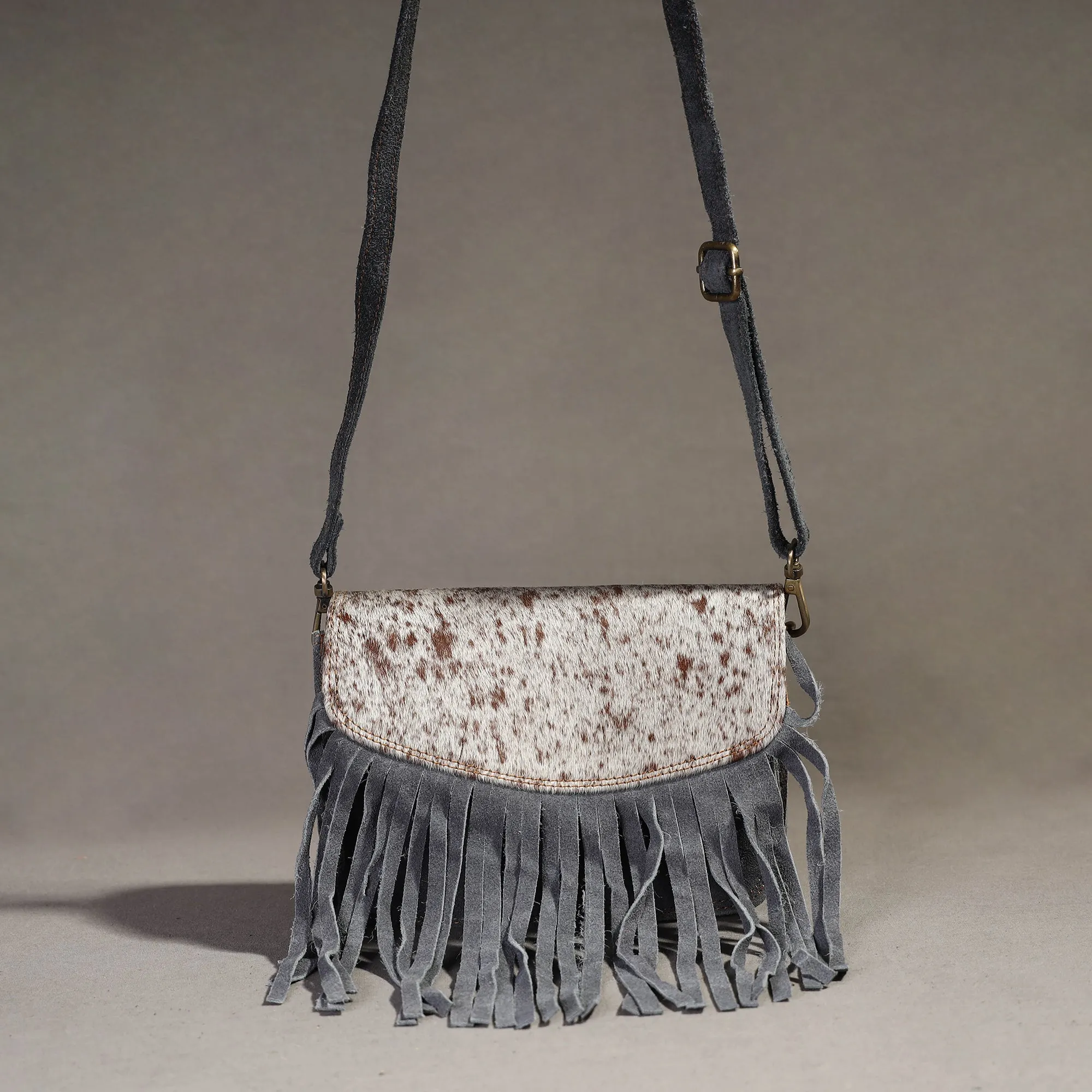 Grey - Handcrafted Suede Leather Fringe Sling Bag