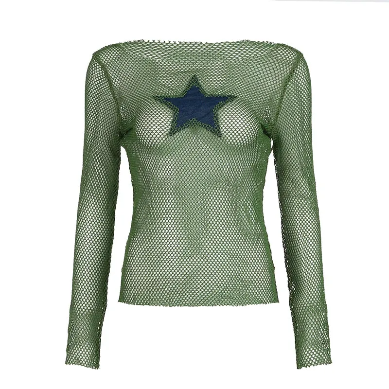 Harajuku Star Appliques Green Fishnet Top Slim Streetwear Summer T shirt Female Hollow Out Basic Tee Shirts Clothing