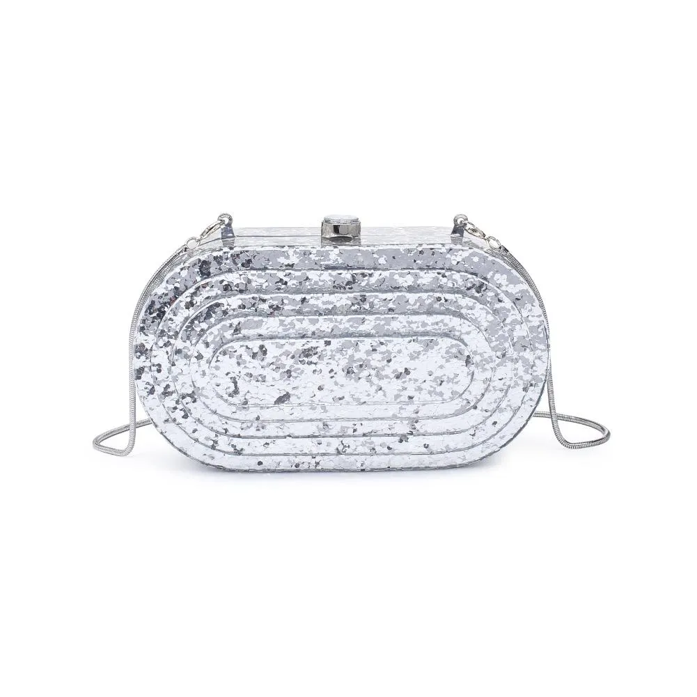 Jimberly Evening Pearlized Lucite Oval Box Clutch w/ Chain - Silver Glitter