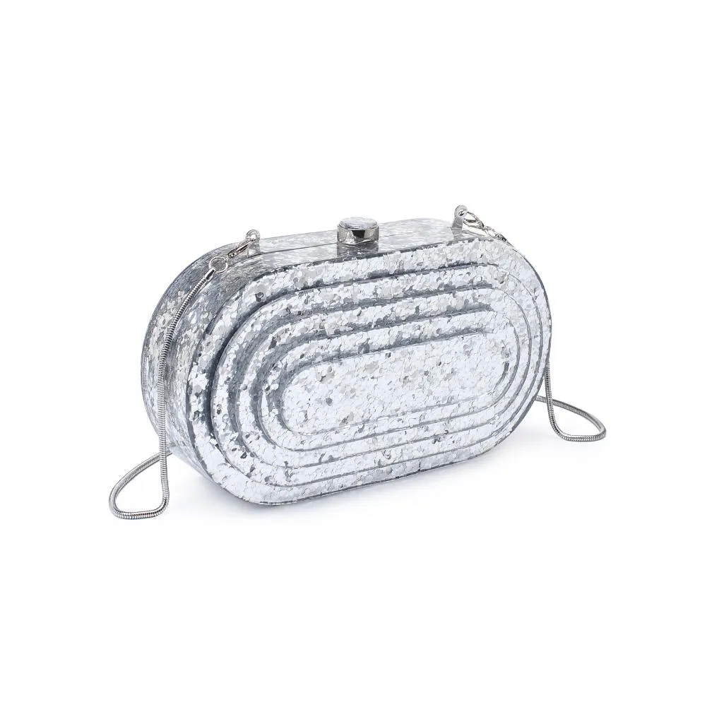 Jimberly Evening Pearlized Lucite Oval Box Clutch w/ Chain - Silver Glitter