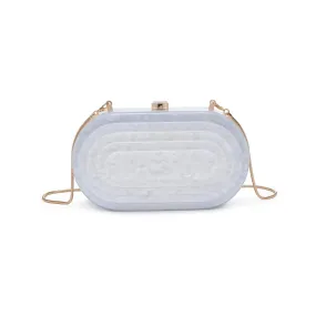 Jimberly Evening Pearlized Lucite Oval Box Clutch w/ Chain - Silver Glitter