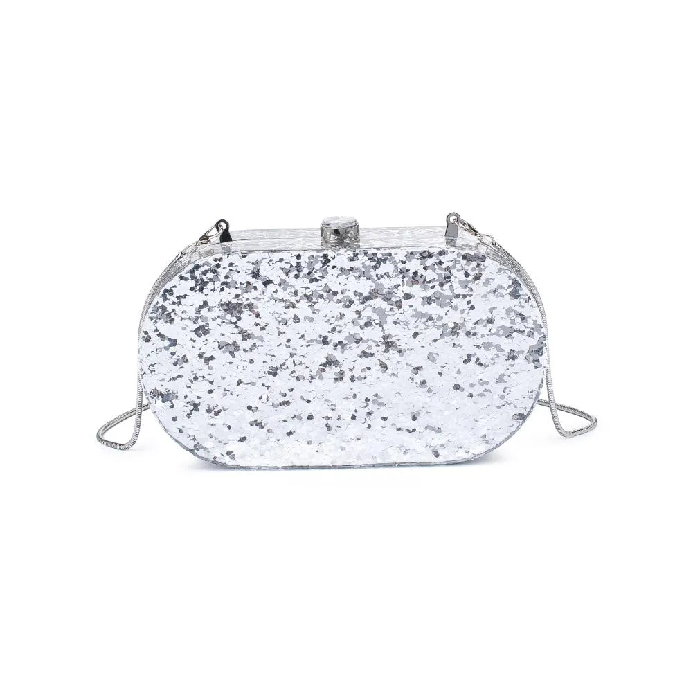 Jimberly Evening Pearlized Lucite Oval Box Clutch w/ Chain - Silver Glitter