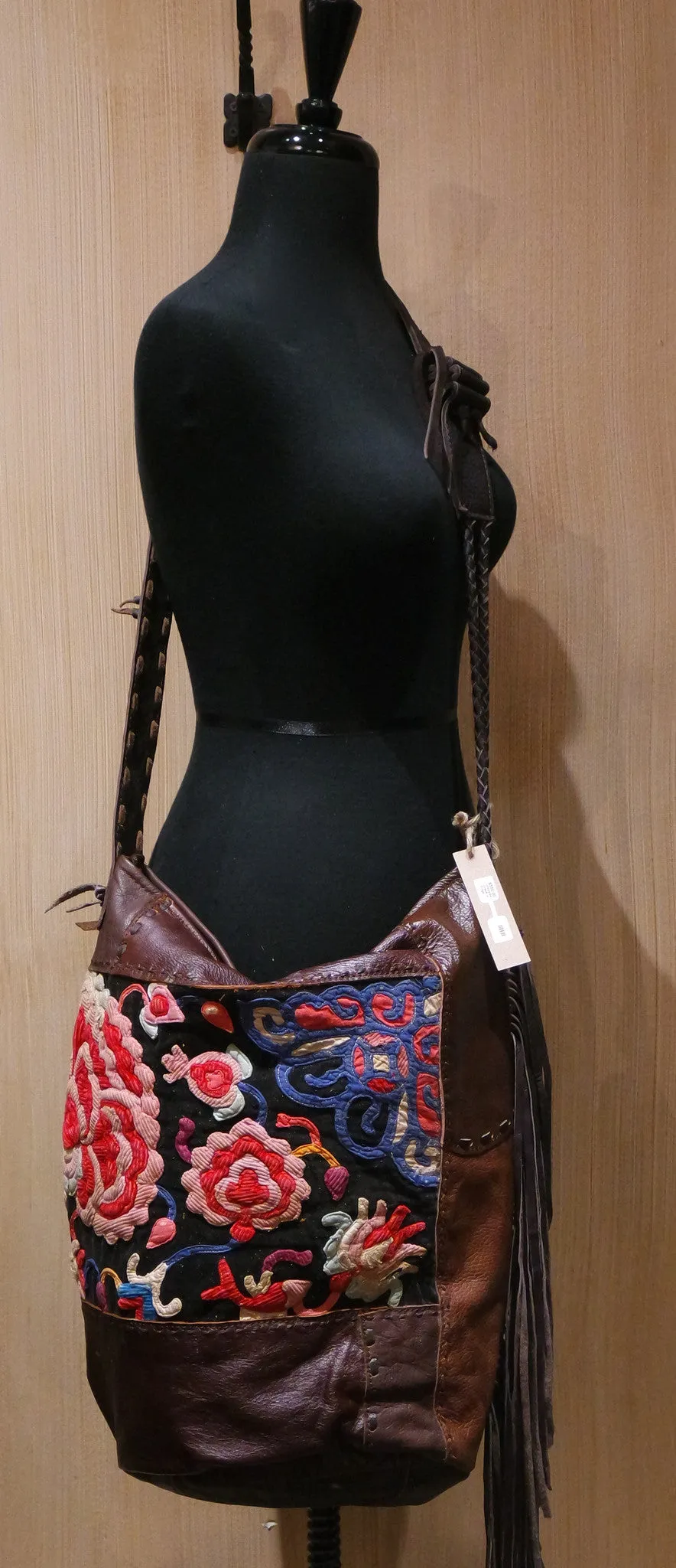 J.P. and Mattie H'mong Tribe Vintage Fabric and Leather Shoulderbag with Fringe