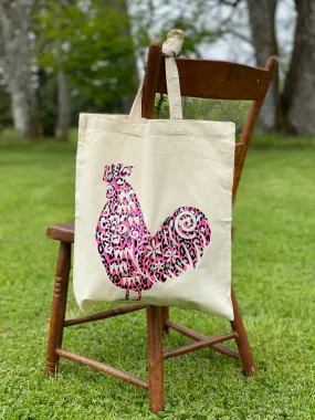 Leopard Print Rooster Cotton Tote Bag, Lightweight Thin Natural Cotton Tote Bag, Reusable Tote Bag, Vinyl Butterfly Tote, Farmers Market Bag