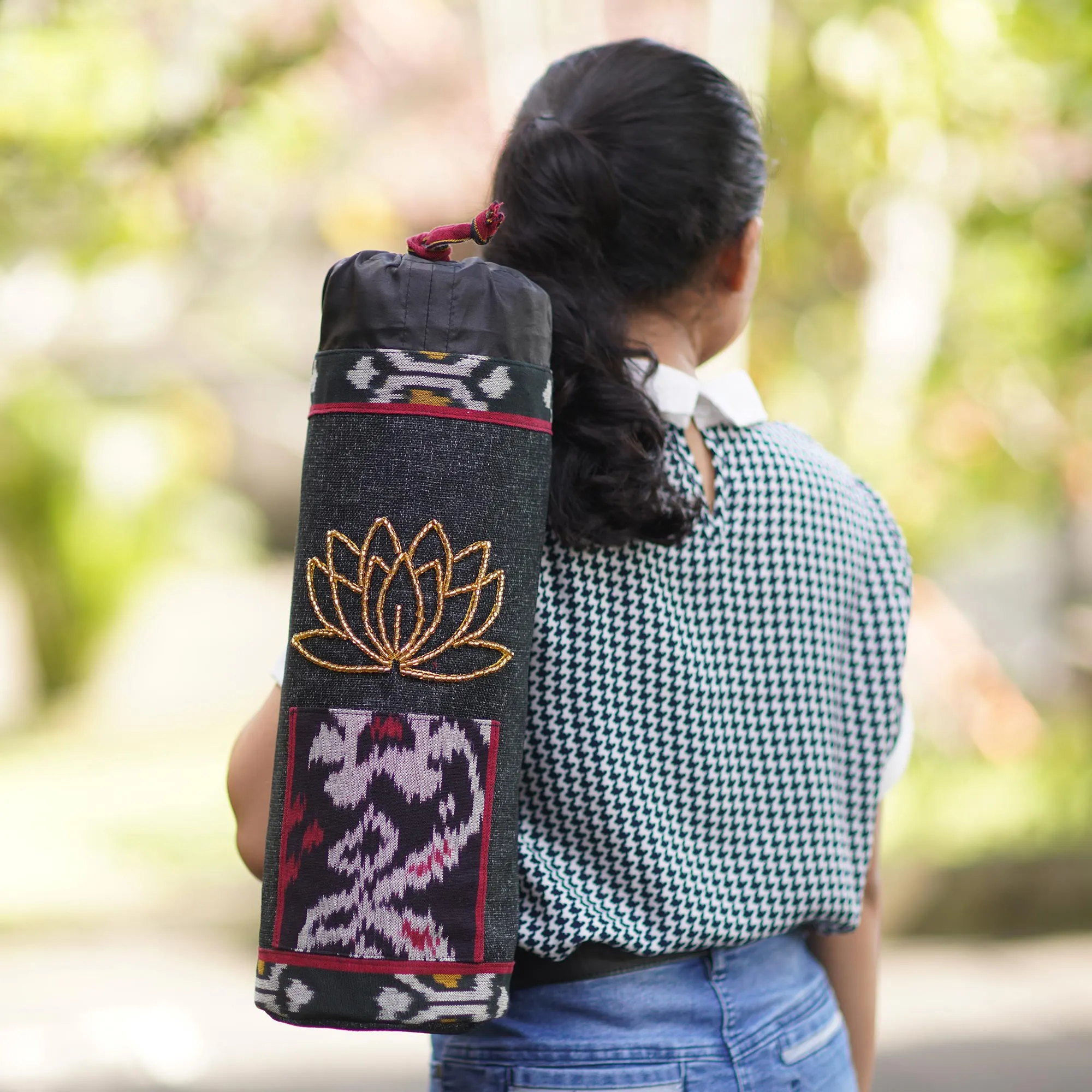 Lotus Lagoon in Black Ikat Cotton Yoga Mat Bag with Glass Bead Motif