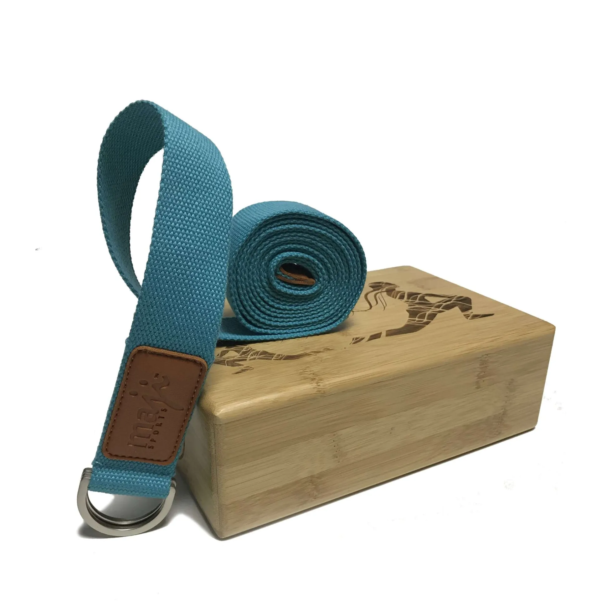 Maji Sports Laser Engraved Bamboo Yoga Block & Strap Combo