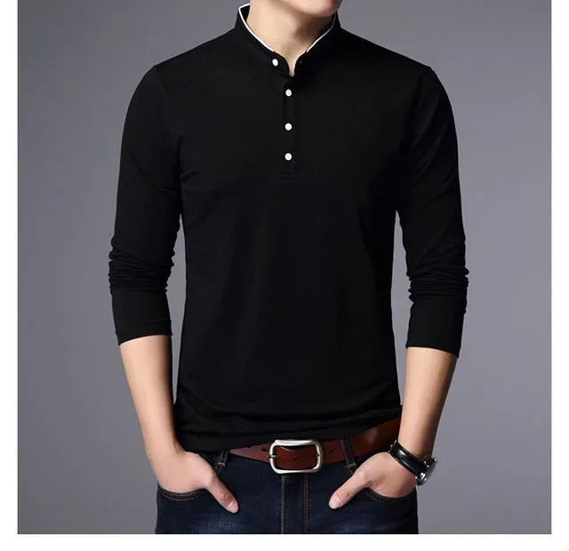 Mandarin Collar Slim Fit Long Sleeve Polo Shirt