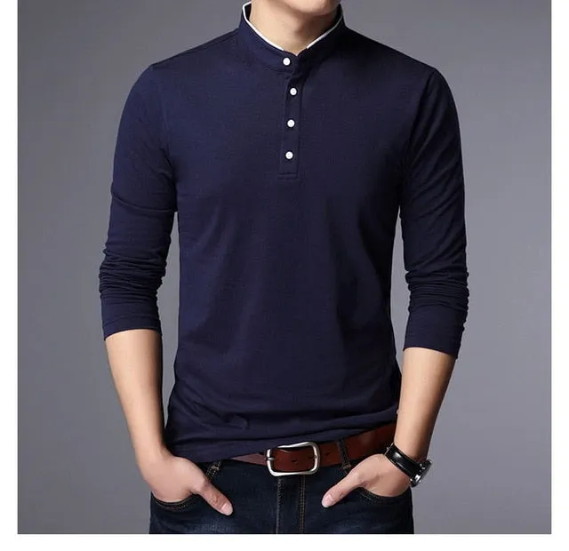 Mandarin Collar Slim Fit Long Sleeve Polo Shirt