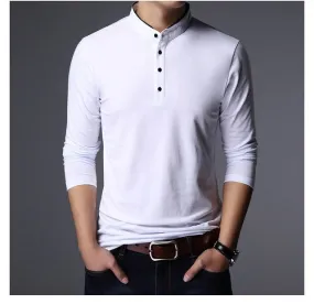 Mandarin Collar Slim Fit Long Sleeve Polo Shirt