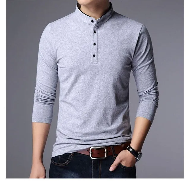 Mandarin Collar Slim Fit Long Sleeve Polo Shirt