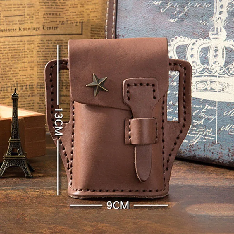 Men Flap-Over Five-pointed Star Decoration Cowhide Waist Bag Retro Outdoor Sport 4.7 Inch Phone Belt