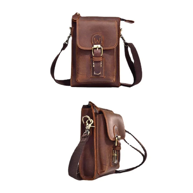 Men Genuine Leather Vintage Multi-functional Crossbody Bag Durable Belt Loop Waist Daily Belt Bag