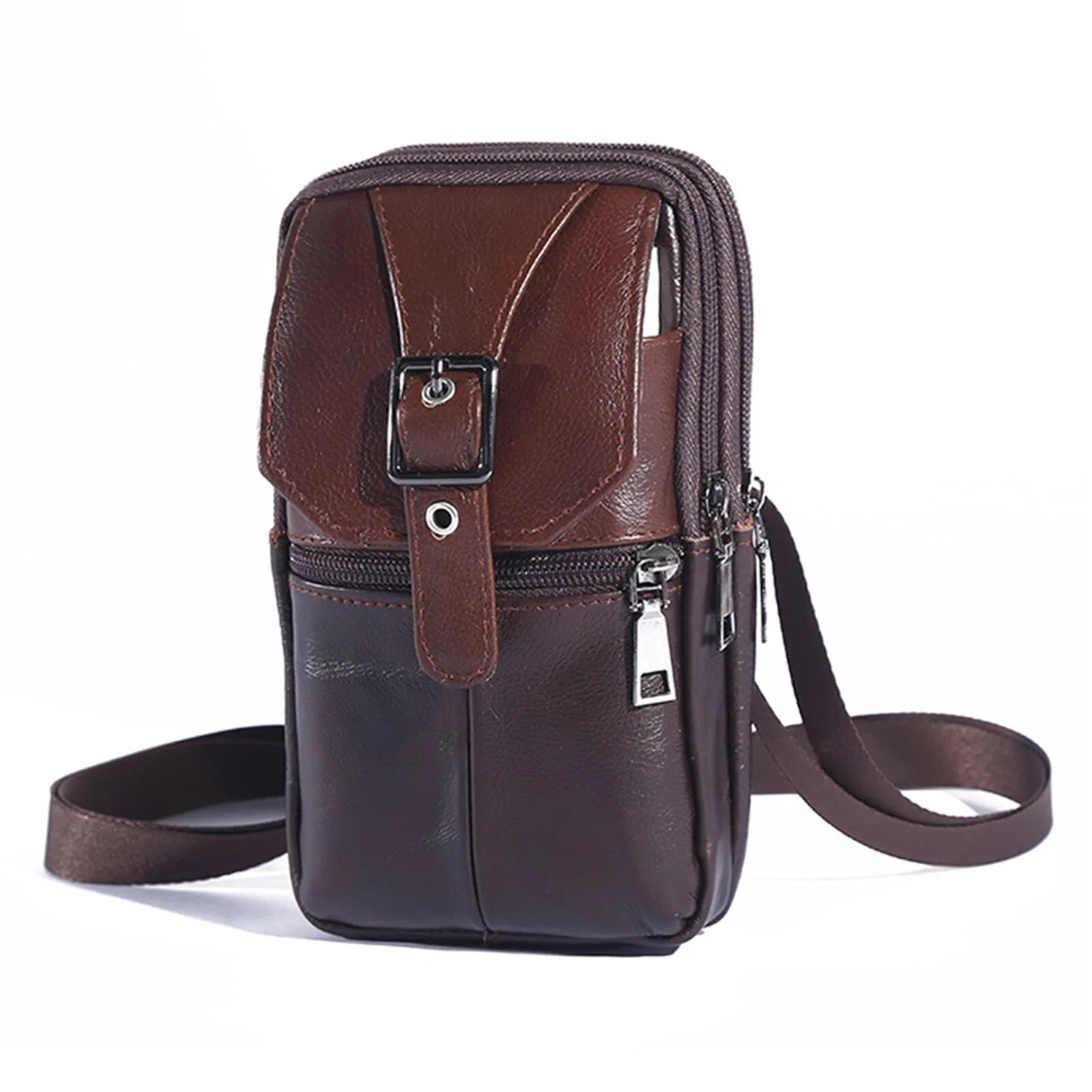 Menico Men's Genuine Leather Outdoor Casual Waist Bag Mobile Phone Organizer Three-Zip Multifunctional Messenger Bag