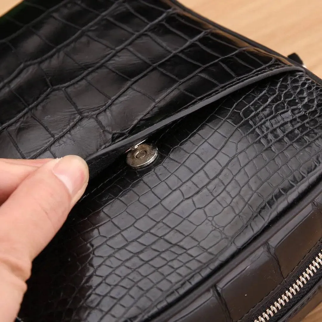 Men's Genuine Crocodile Leather Small Cross body Messenger Bag Black