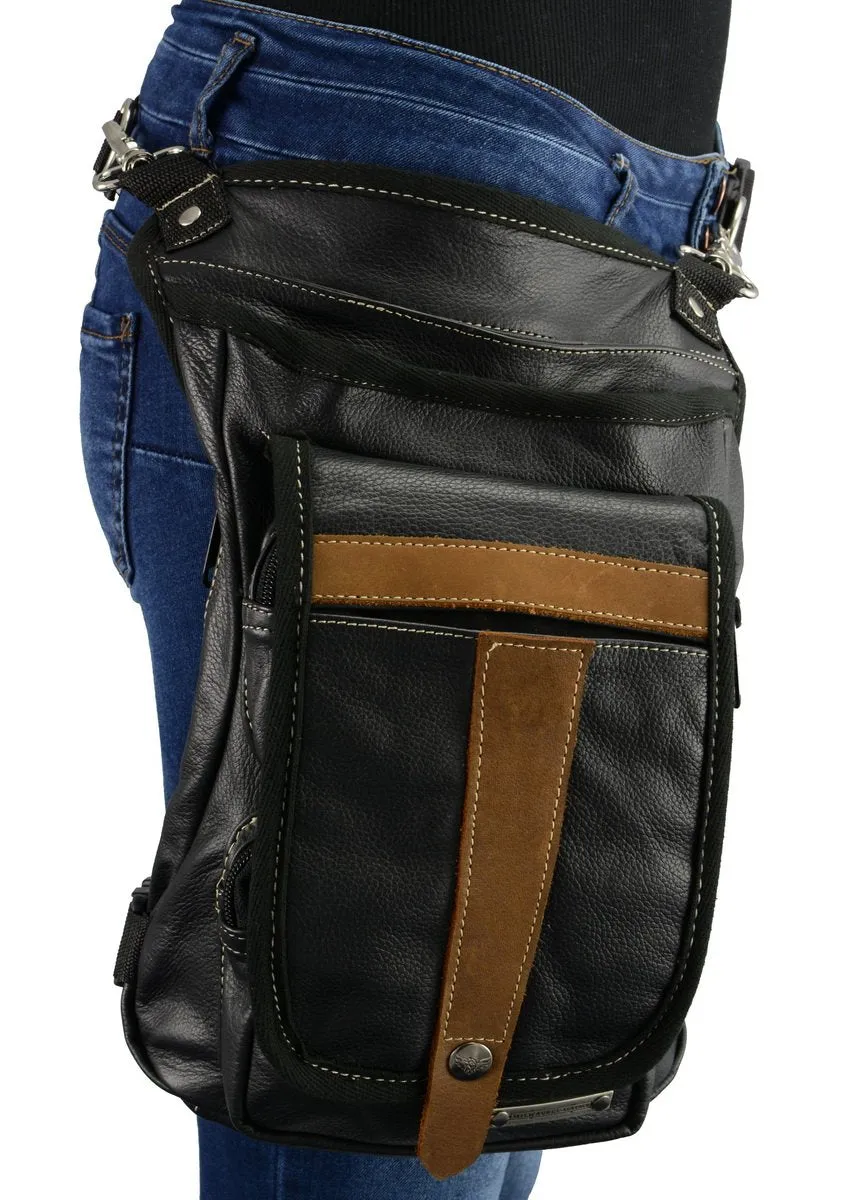 Milwaukee Leather MP8897 Black and Tan Conceal and Carry Leather Thigh Bag with Waist Belt