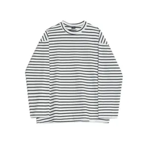 Minimalist Men's T-shirts Stripe Round Collar Long Sleeve Casual Tee Pullover Loose Male Tops Autumn Stylish 9C6920