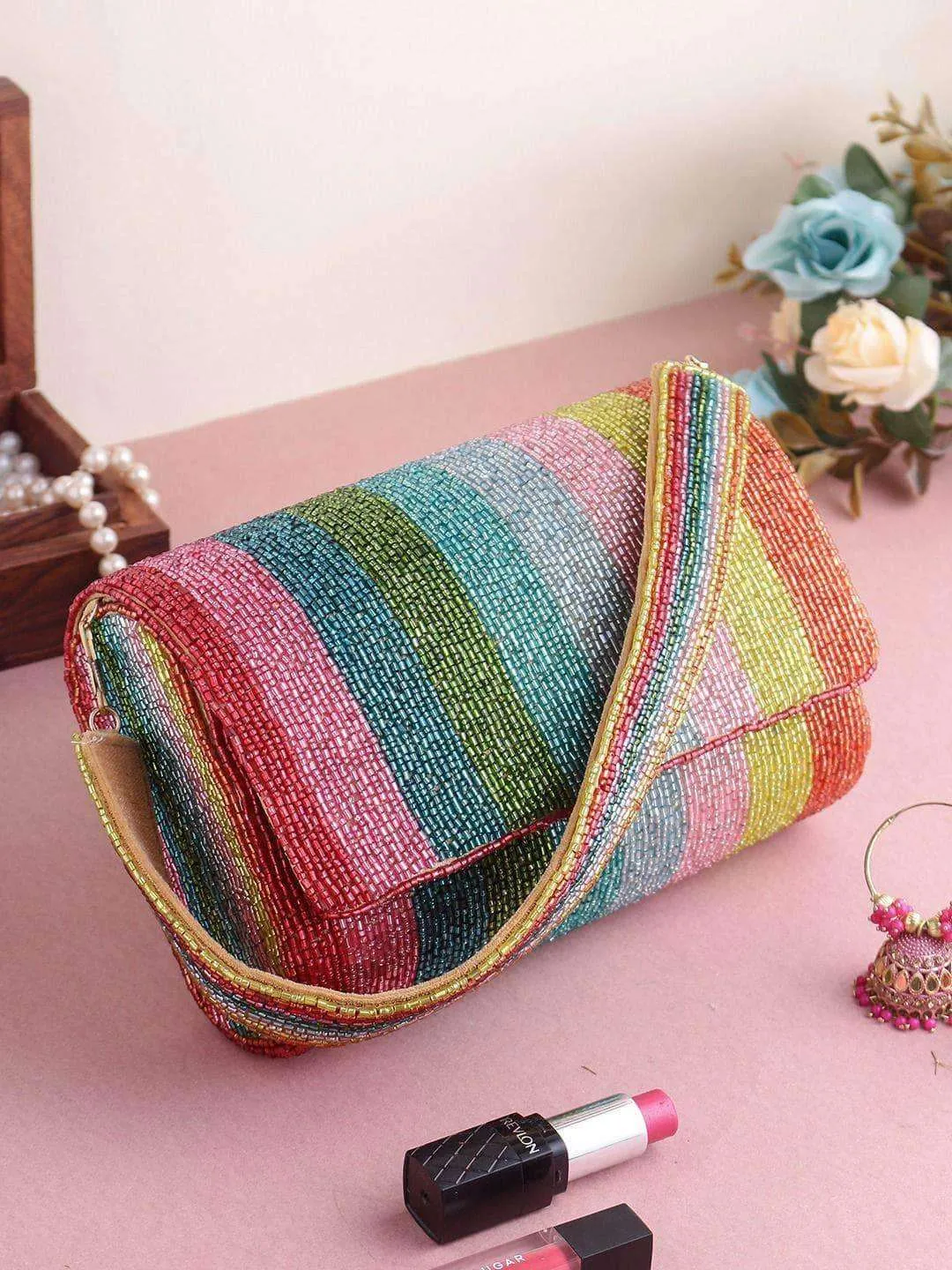 Multi Color Hand Embroidered Rainbow Beaded Flap Bag