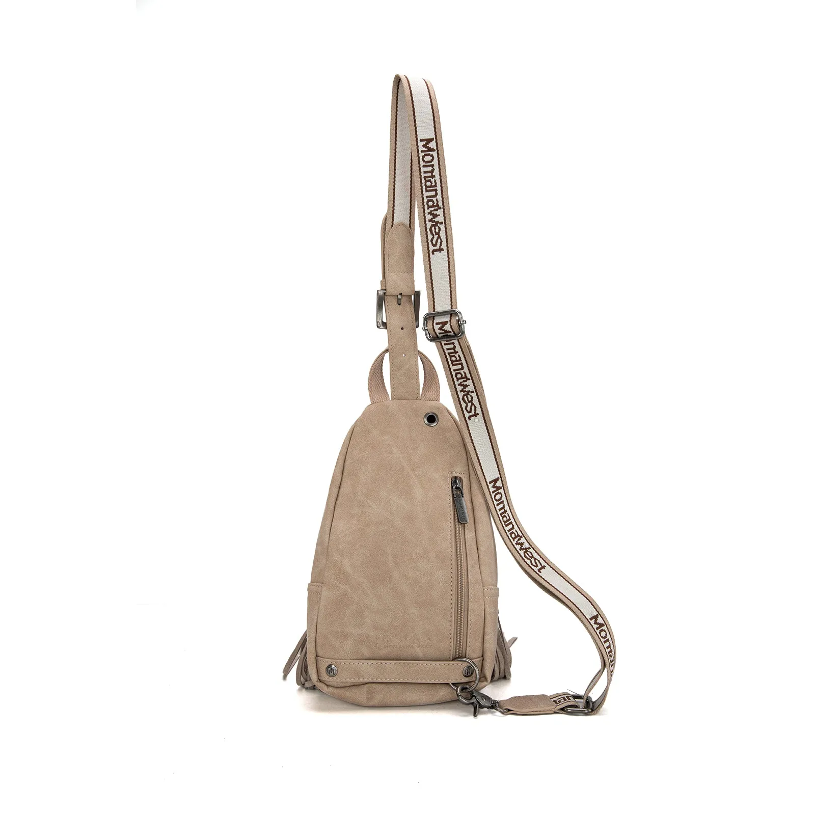 MW1276-S9110   Montana West Tooled Fringe Sling Bag - Tan