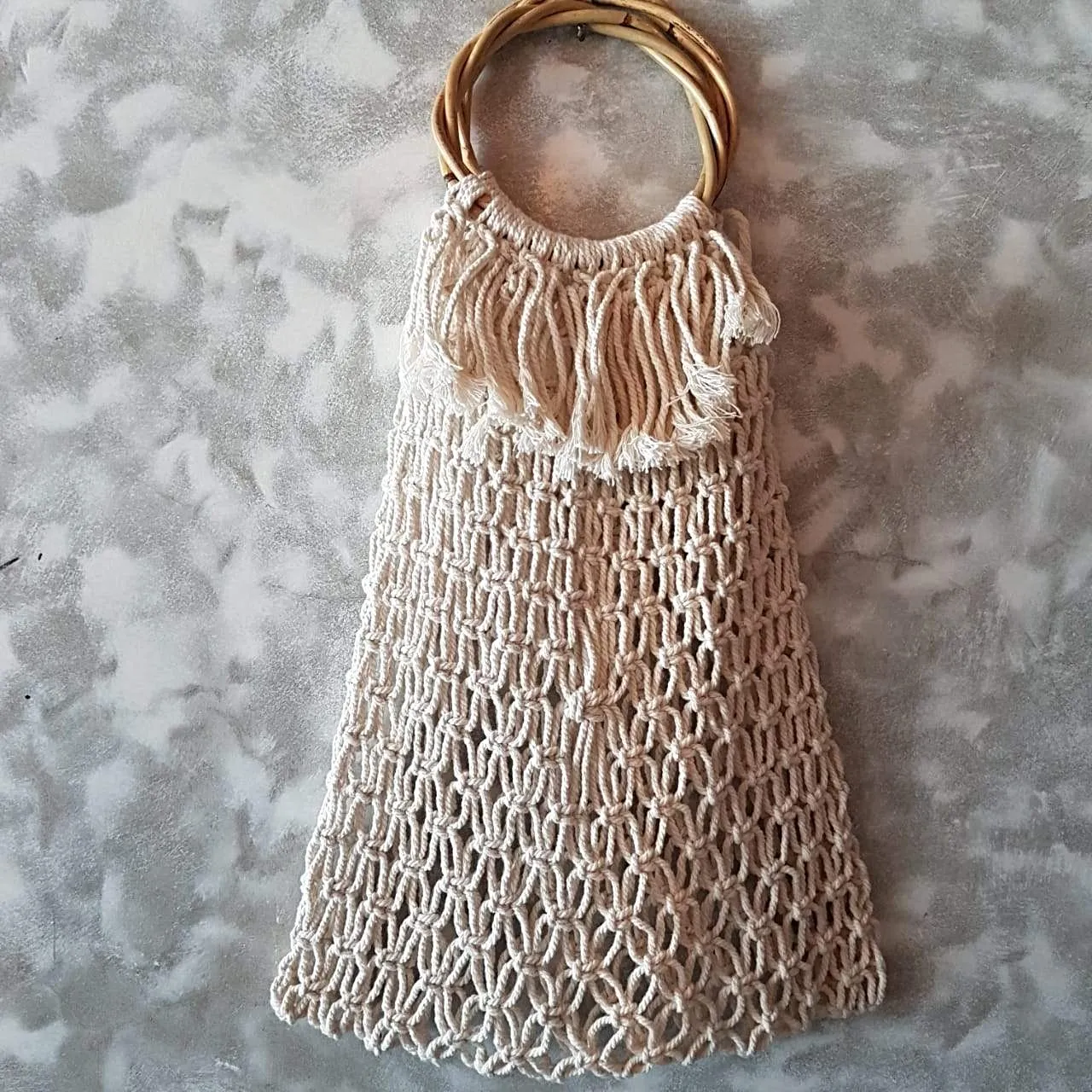 Natural Woven Cotton Macrame Bag With Bamboo Handles