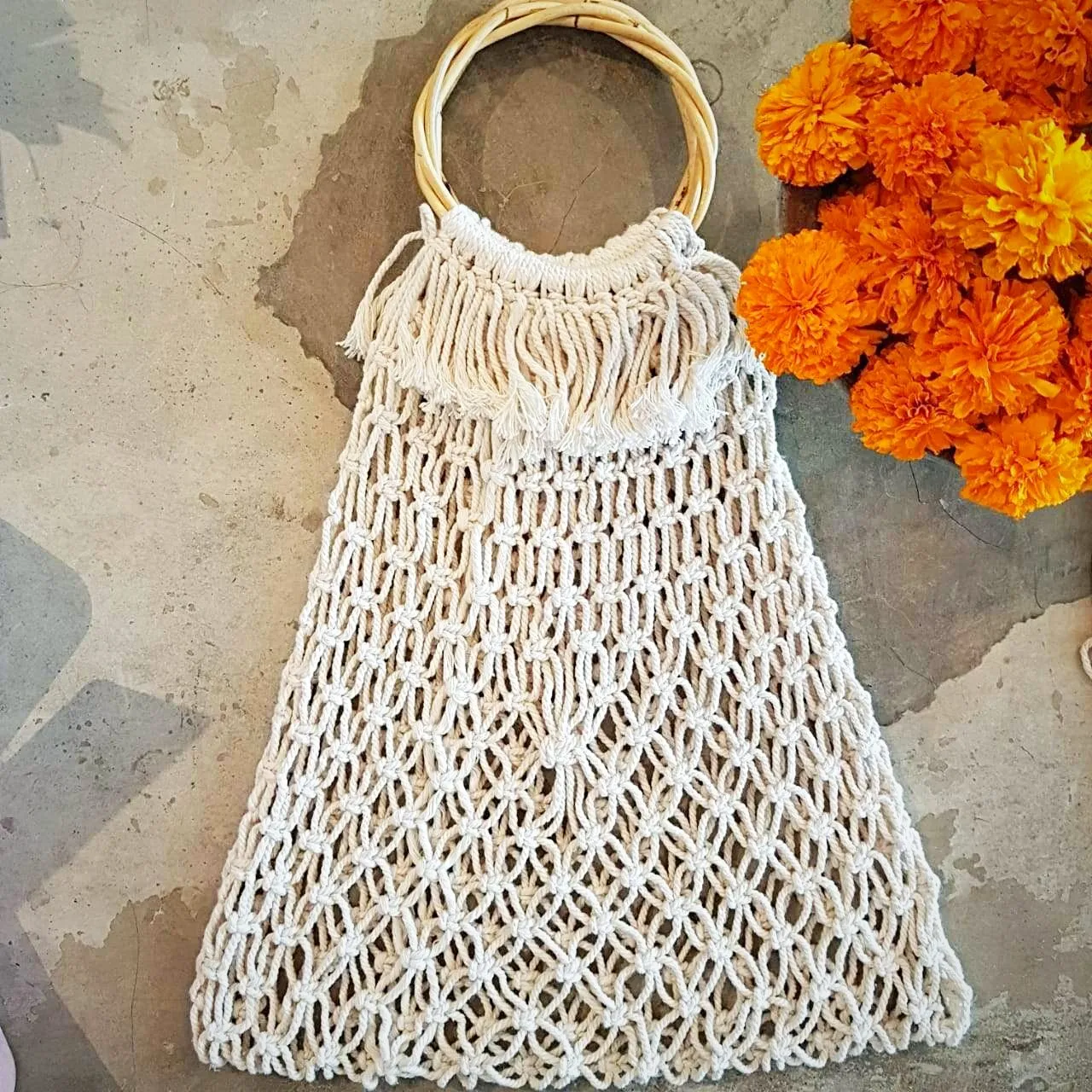 Natural Woven Cotton Macrame Bag With Bamboo Handles