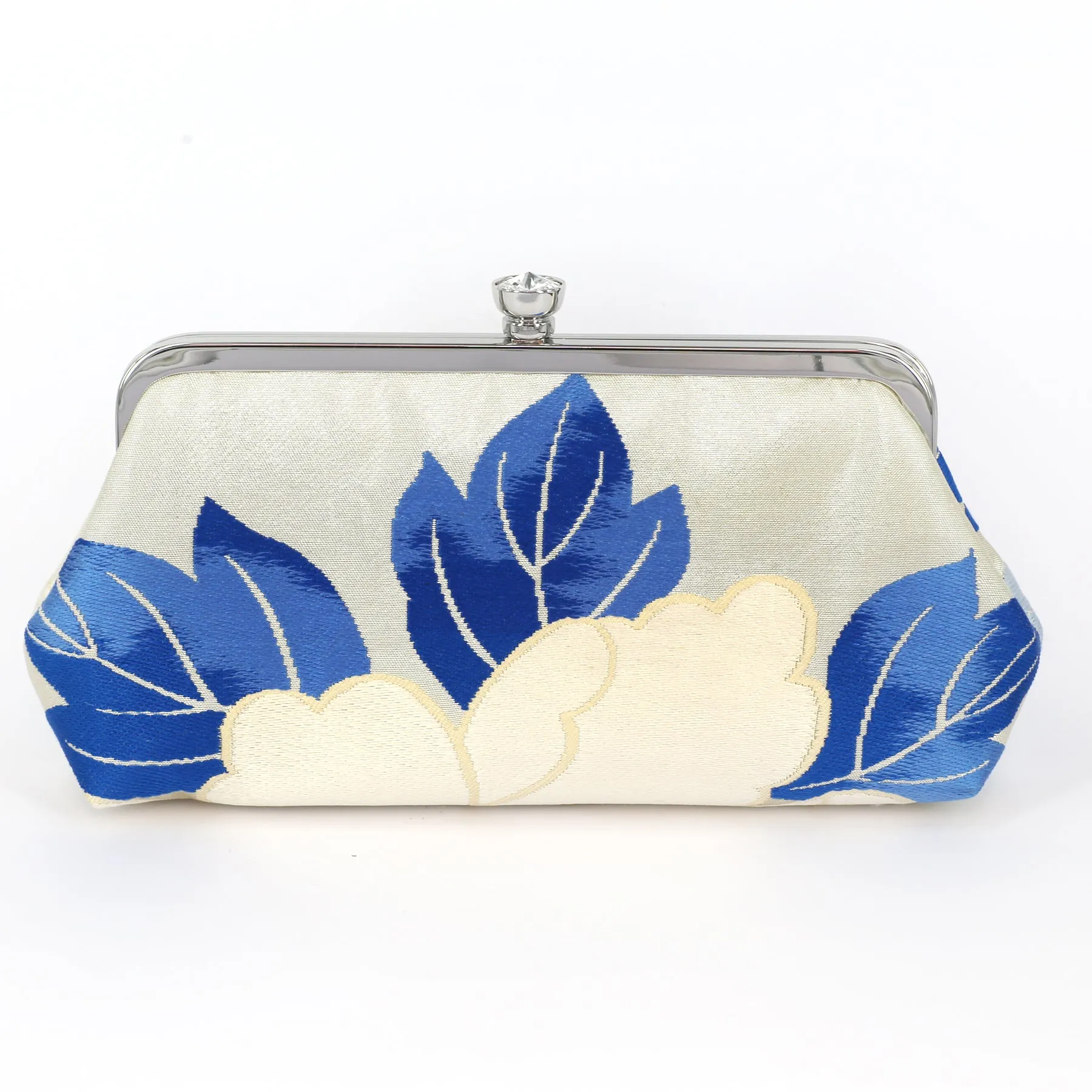 Peony Kimono Clutch Purse Ivory and Blue on Silver | Upcycled from vintage Japanese Obi