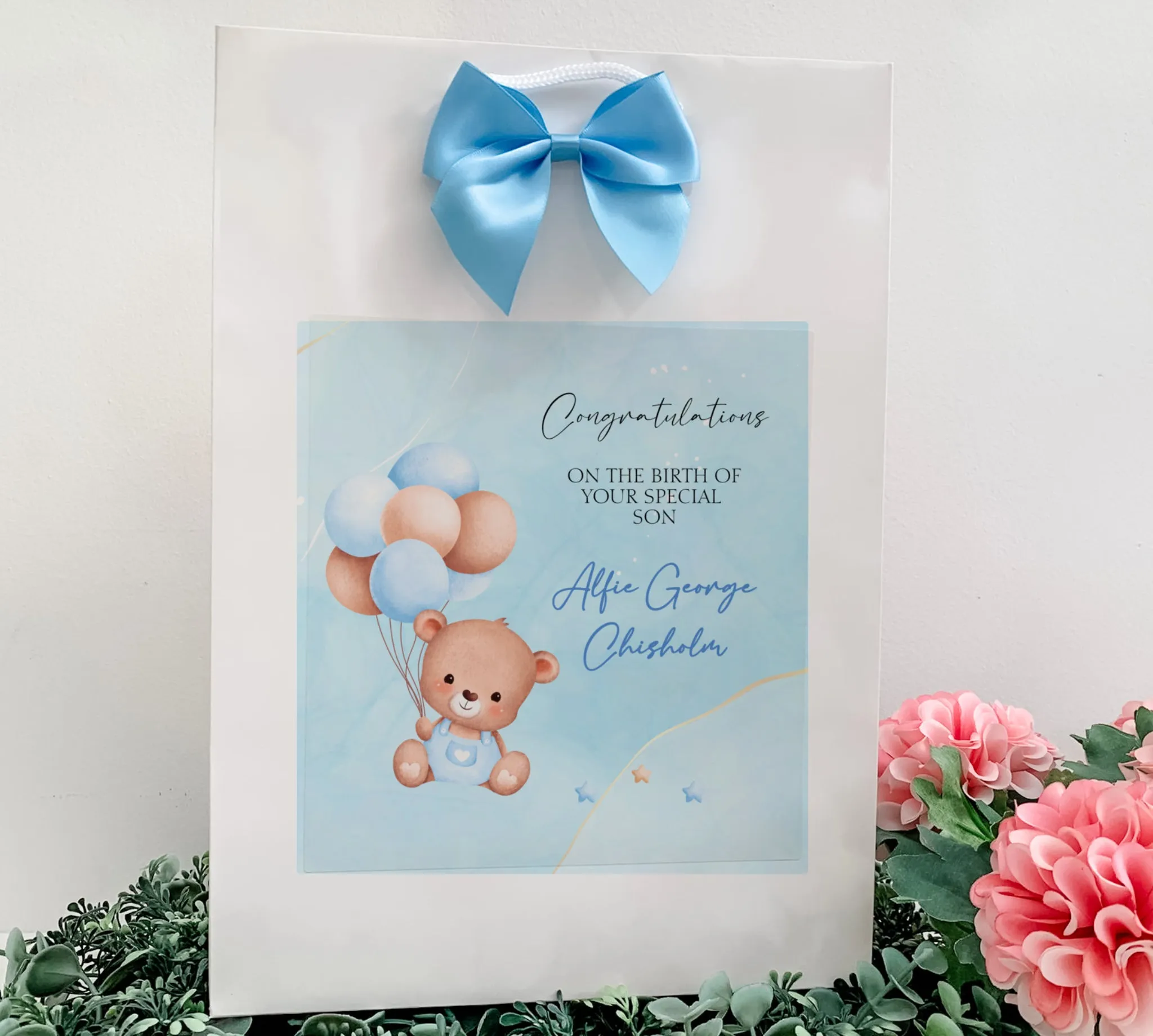 Personalised Blue Teddy Bear New Baby Gift Bag