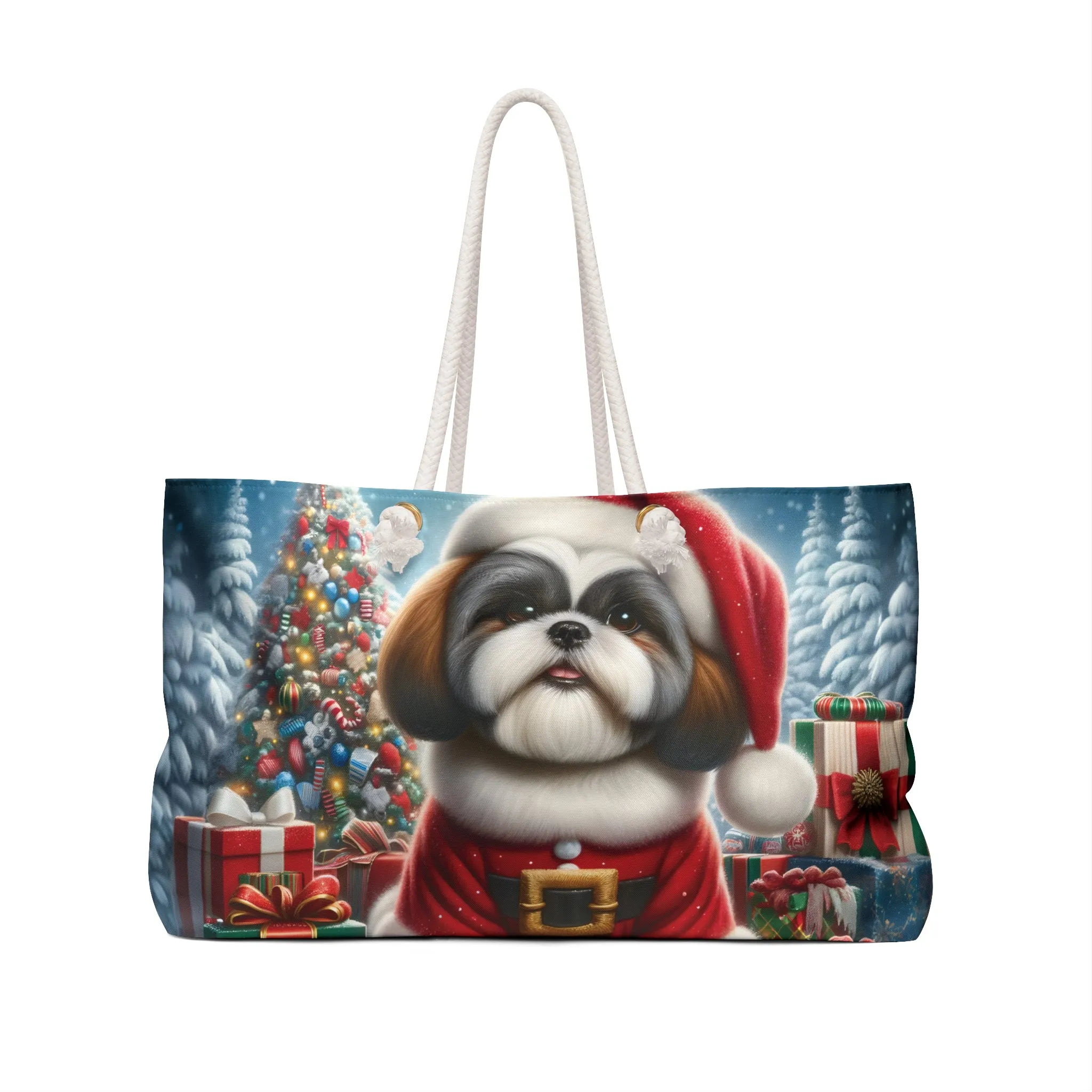 Personalised/Non-Personalised Weekender Bag, Christmas, Cute Dog, Large Weekender Bag, Beach Bag, Book Bag