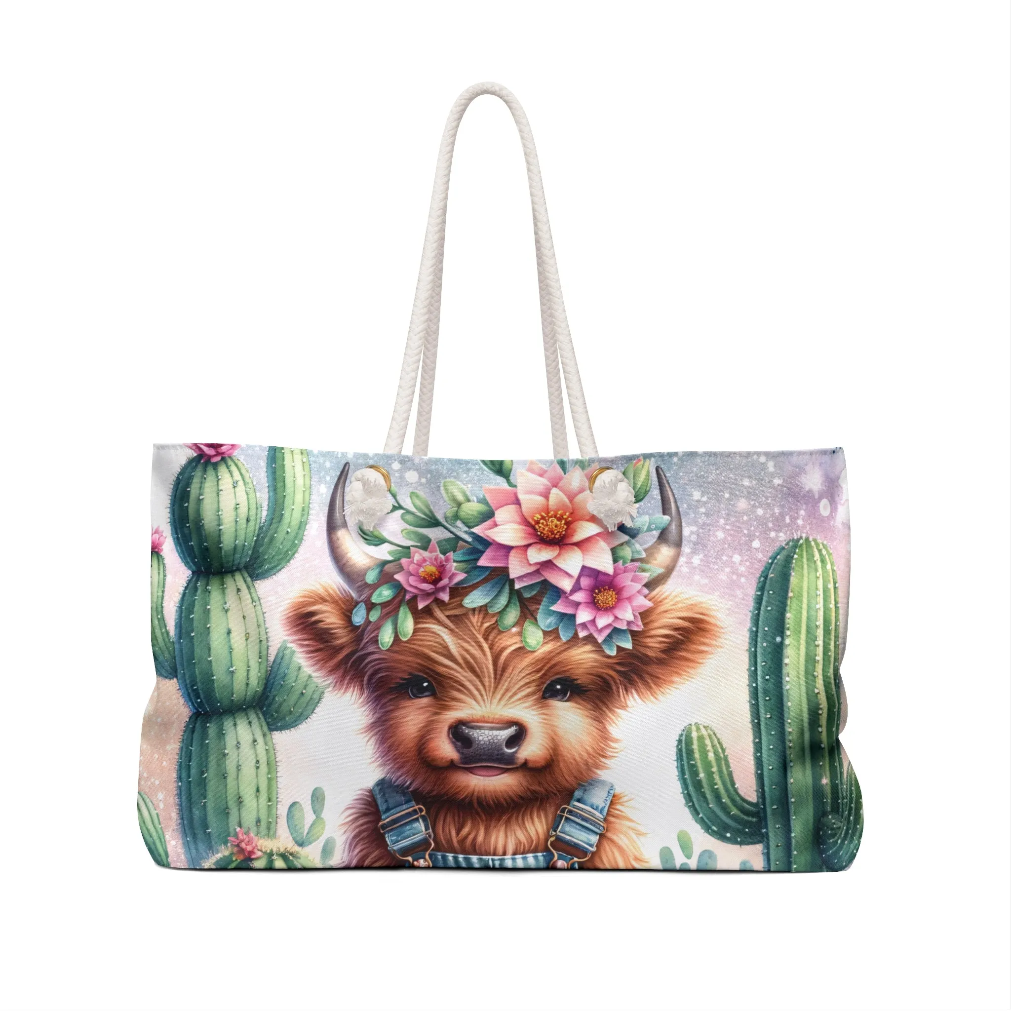 Personalised/Non-Personalised Weekender Bag, Highland Cow, Cactus, Large Weekender Bag, Beach Bag, Book Bag