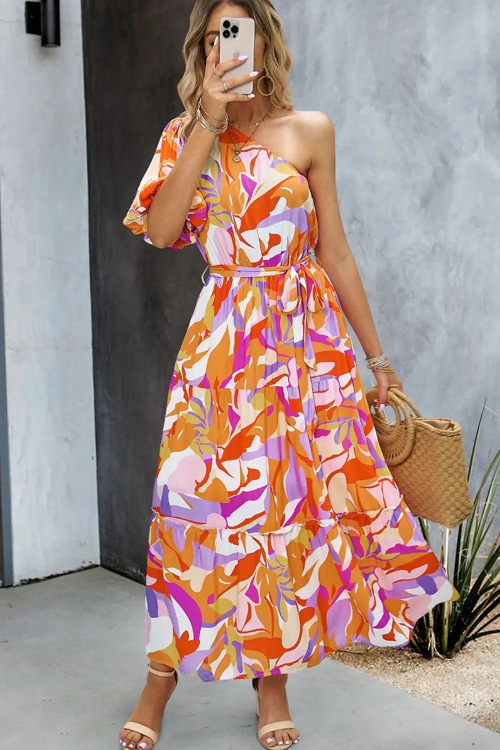 Printed One-Shoulder Tie Belt Maxi Dress