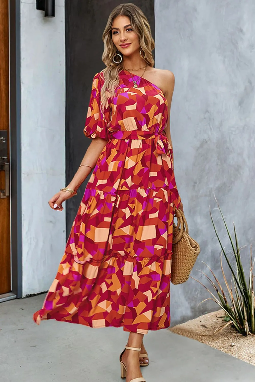 Printed One-Shoulder Tie Belt Maxi Dress