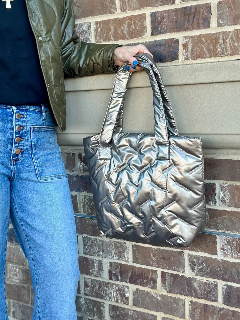 Quilted Elegance Metallic Puffer Tote Bag - Gold