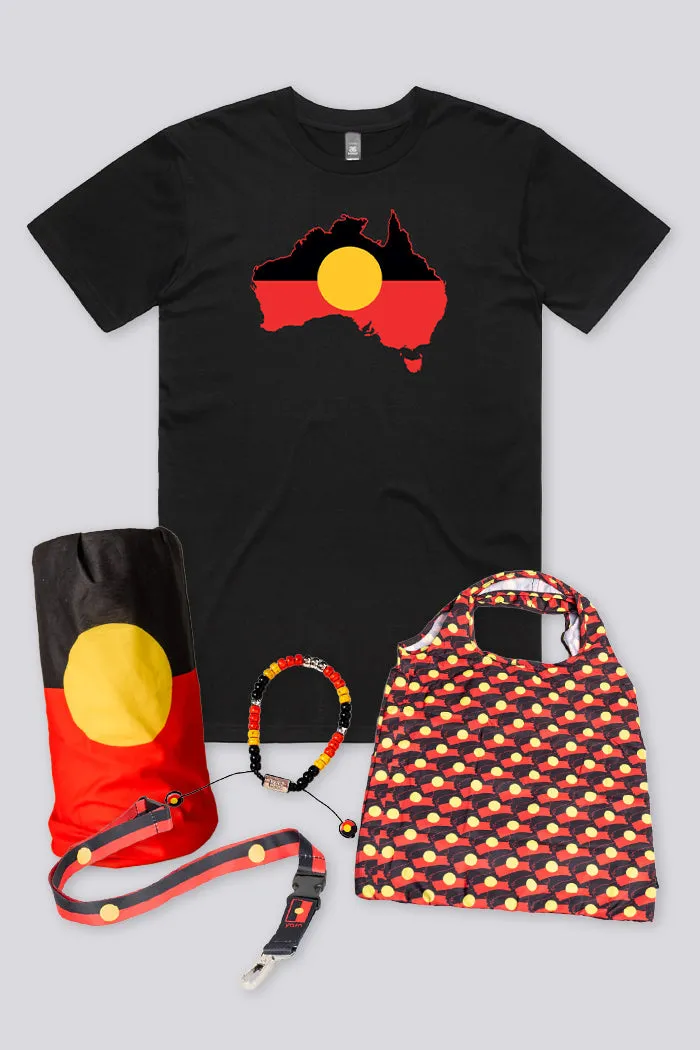 "Raise the Flag" Aboriginal Flag (Australia) Black Unisex T-Shirt Boxed Bundle