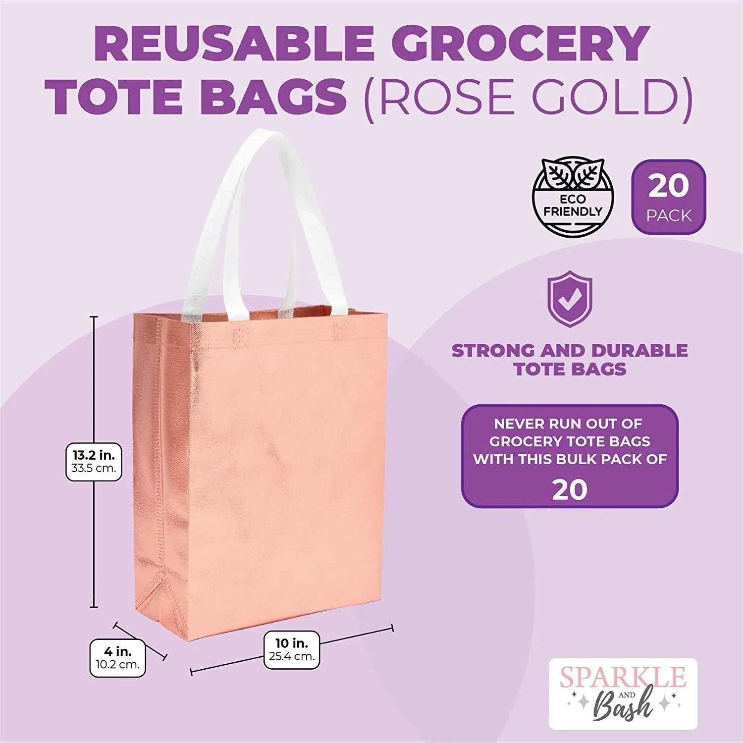 Reusable Grocery Tote Bag for Shopping (Large, Rose Gold, 20 Pack)