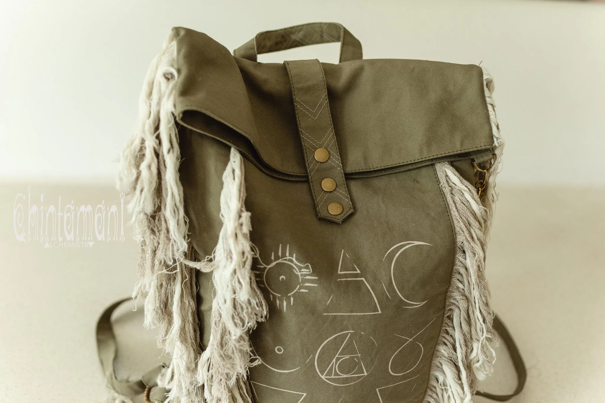 Rolltop Boho Canvas Backpack for Women with Linen Fringes ∆ Rolltop Laptop Backpack / Army Green