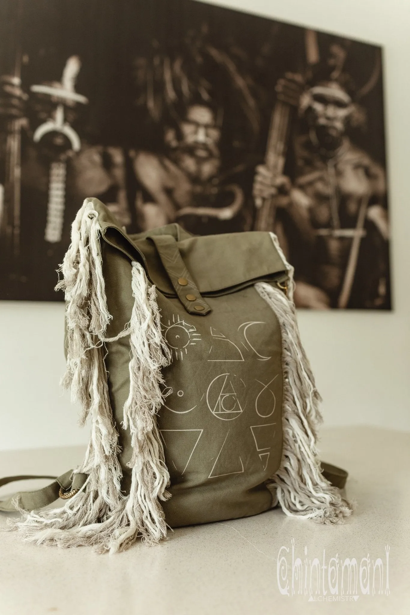 Rolltop Boho Canvas Backpack for Women with Linen Fringes ∆ Rolltop Laptop Backpack / Army Green