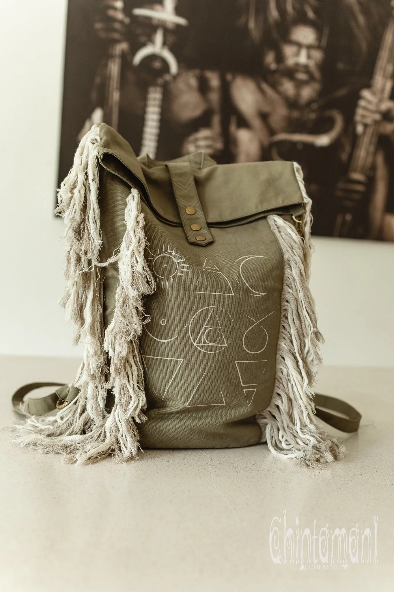 Rolltop Boho Canvas Backpack for Women with Linen Fringes ∆ Rolltop Laptop Backpack / Army Green