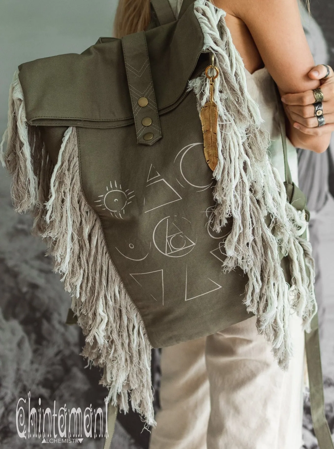 Rolltop Boho Canvas Backpack for Women with Linen Fringes ∆ Rolltop Laptop Backpack / Army Green