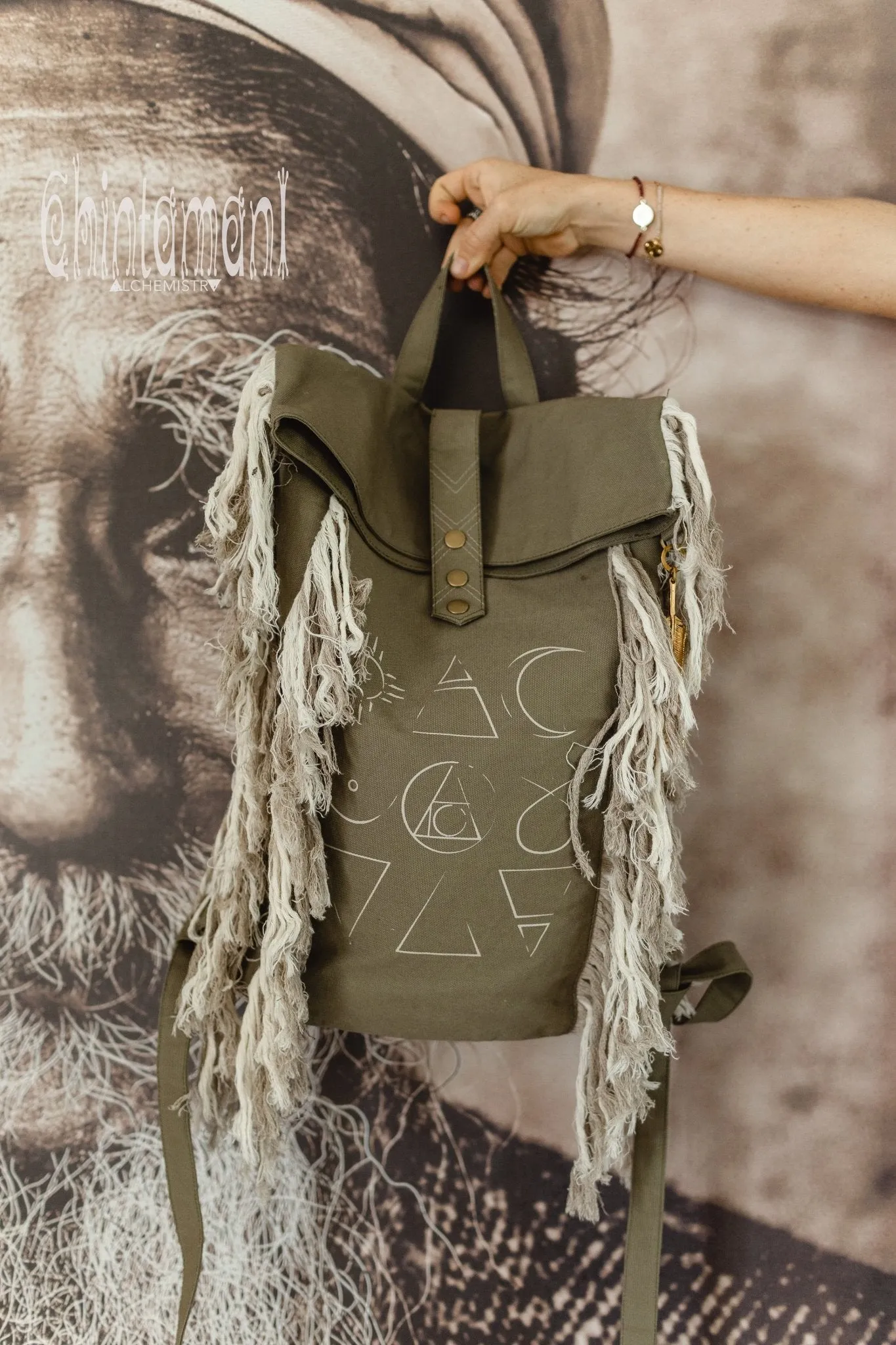 Rolltop Boho Canvas Backpack for Women with Linen Fringes ∆ Rolltop Laptop Backpack / Army Green