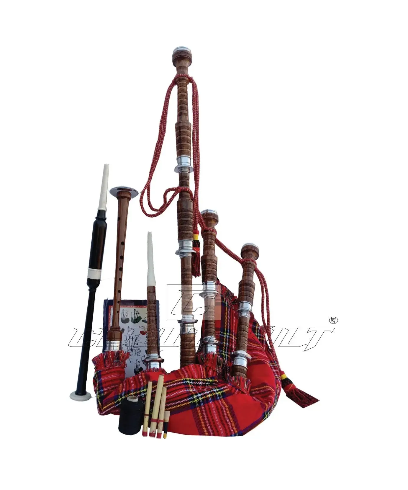 Royal Stewart Tartan Bagpipe Set Brown & Silver Finish With Hard Case